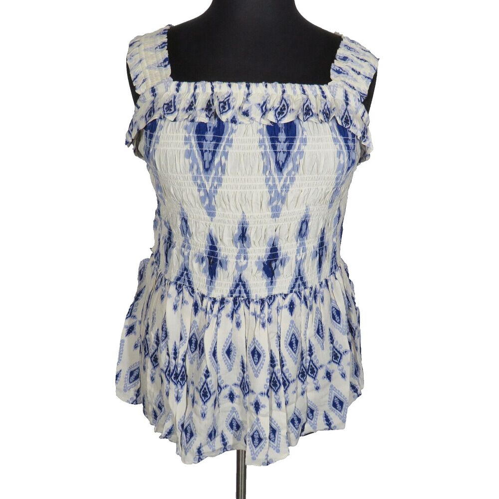 Romantic Gypsy White Blue Geo Print Smocked Ruffled Tank Top Plus Size 1X